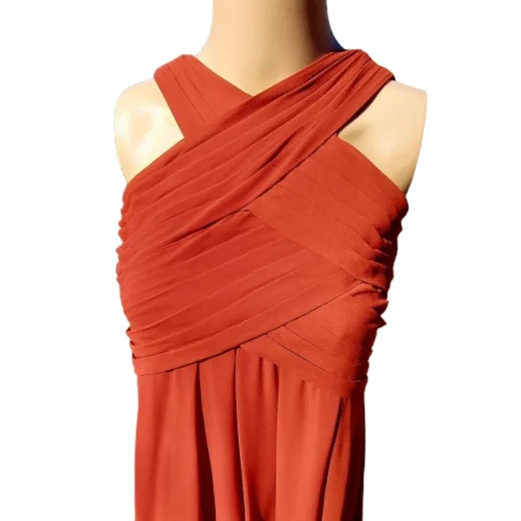 Bill Levkoff 82955 Rust CrissCross Boddice Chiffon Halter Pleated Formal Gown - Picture 6 of 10